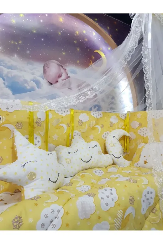 Baby Clime USR-70130-CİB-1. 70X130 Bebek Uyku Seti - Cibinlik Ve Aparat - Sarı Bulut Yıldız Desen