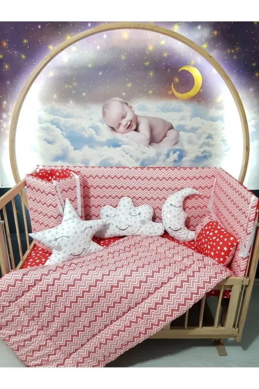 Baby Clime USR-70130-CİB-1. 70X130 Bebek Uyku Seti - Cibinlik Ve Aparat - Kırmızı Ince Zigzag Yıldız Desen