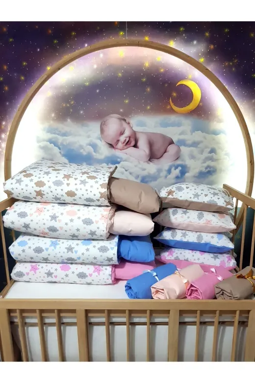 Baby Clime USR-90130-5'Lİ 90X130 Bebek Uyku Seti 5'li - Kahverengi Bulut Yıldız Desenli (Tüm Ölçülere Uygun)