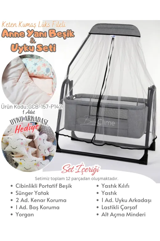 Baby Clime USR-KETENCB-4585-1. 45X85 Keten Cibinlikli Portatif Beşik Ve Uyku Seti - Silinebilir Lüks Keten Fileli