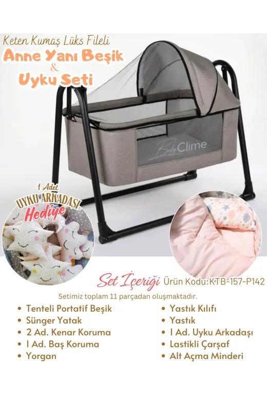 Baby Clime USR-KETENTB-4585-1. 45X85 Keten Portatif Beşik Ve Uyku Seti - Anne Yanı Beşik Tenteli Sepet Beşik