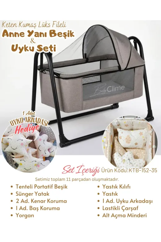Baby Clime USR-KETENTB-4585-1. 45X85 Keten Portatif Beşik Ve Uyku Seti - Anne Yanı Sallanır Tenteli Bebek Beşiği