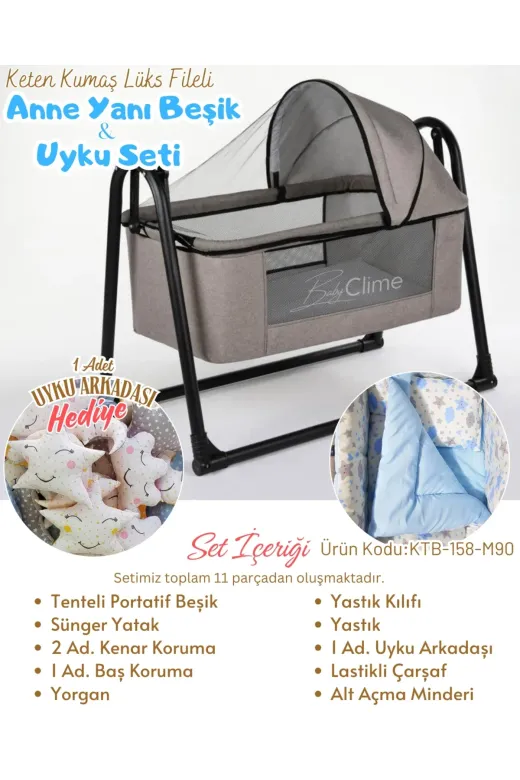 Baby Clime USR-KETENTB-4585-1. 45X85 Keten Portatif Beşik Ve Uyku Seti - Tenteli Sallanır Anne Yanı Beşik
