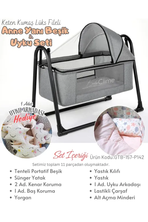 Baby Clime USR-KETENTB-4585-1. 45X85 Tenteli Keten Beşik Ve Uyku Seti - Gri Anne Yanı Beşik Portatif Sepet Beşik