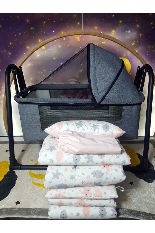 Baby Clime USR-KETENTB-4585-1. 45X85 Tenteli Keten Beşik Ve Uyku Seti - Gri Anne Yanı Beşik Portatif Sepet Beşik