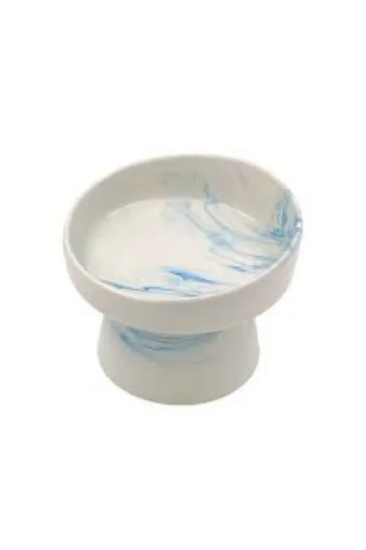 Balance Life 105B845110601450781 Mermer Desenli Yükseltilmiş Seramik Kedi Mama Ve Su Kabı - Mavi Geçişli
