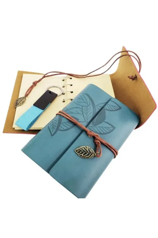 Balance Life GROUP-2580306 Mey İthalat® Özel Ahşap Kutulu Mavi Deri Defter Ve Anahtarlık Set