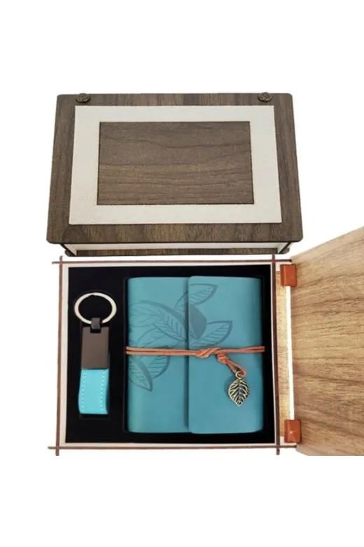 Balance Life GROUP-2580306 Mey İthalat® Özel Ahşap Kutulu Mavi Deri Defter Ve Anahtarlık Set