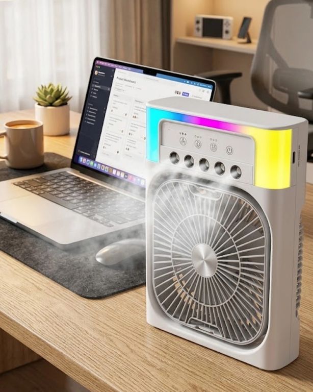 Balancelife 125741020 Mey İthalat Usb Şarjlı Masaüstü Soğutucu Fan Su Püskürtmeli Renkli Işıklı Çok Renkli