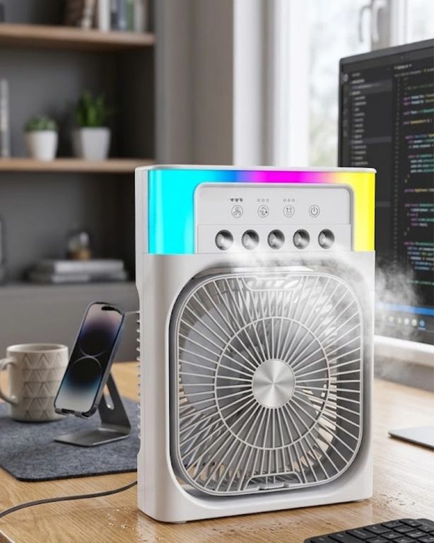 Balancelife 125741913 Mey İthalat Su Püskürtmeli Mini Klima Fan Usb Şarjlı Masaüstü Soğutucu Rgb Işıklı Çok Renkli