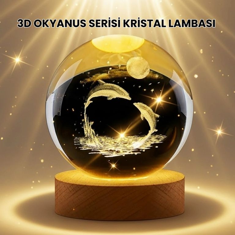 Balancelife 133506168 Mey İthalat Lazer İşlemeli Yunus Kristal Küre Sıcak Işıklı Ahşap Standlı Çok Renkli