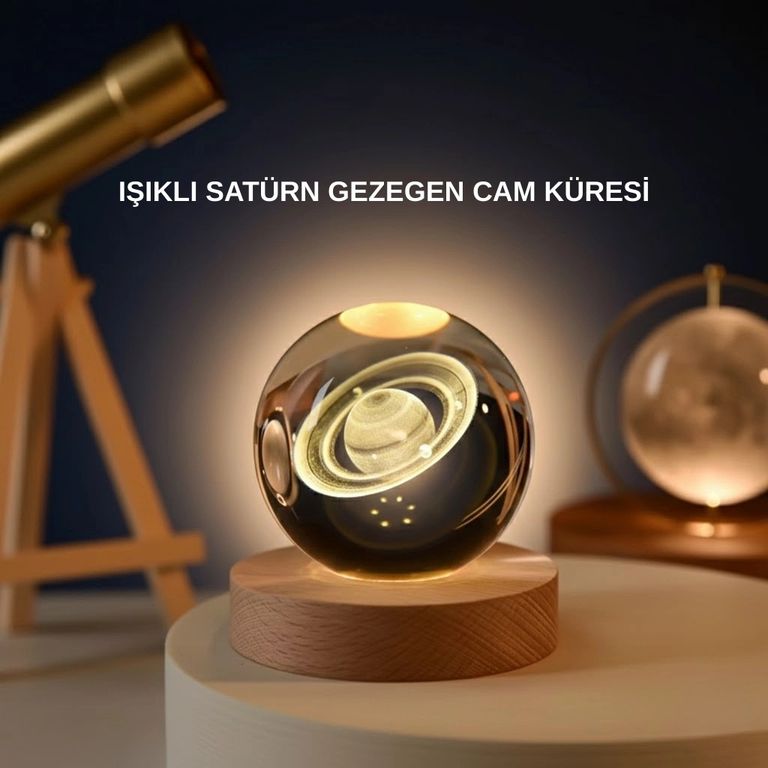 Balancelife 133507173 Mey İthalat Satürn Gezegenli Kristal Küre Led Lamba Usb Li Ahşap Standlı Çok Renkli