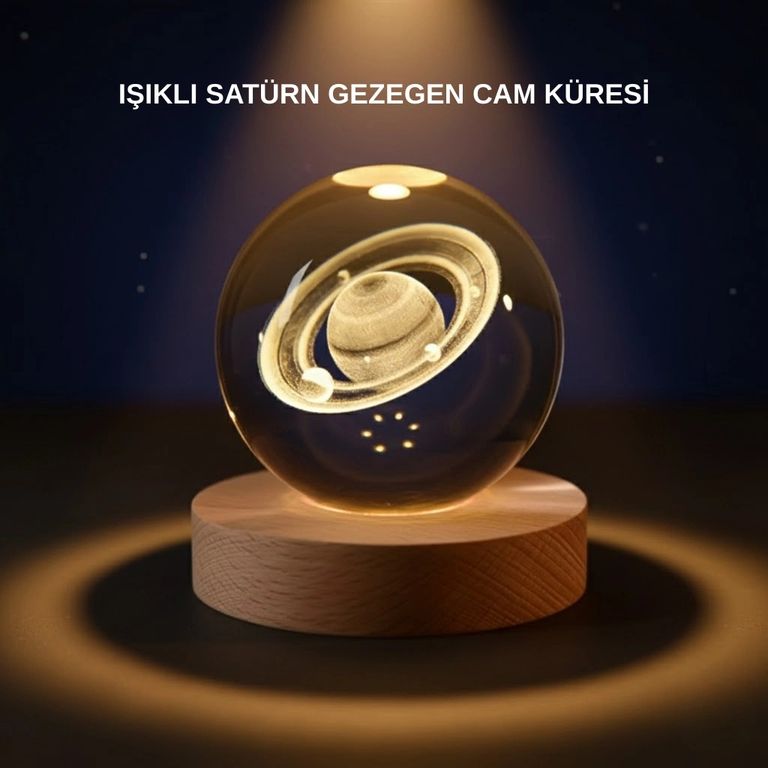 Balancelife 133507892 Mey İthalat Satürn Desenli Kristal Küre Led Gece Lambası Ahşap Standlı Çok Renkli