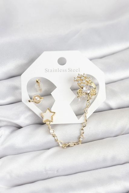 Balancelife MEYEB694f90b72775b8929807a064-BLMY Mey İthalat Pirinç Gold Renk Yıldız Model Zincir Bağlantılı Ear Cuff Küpe Seti Çok Renkli