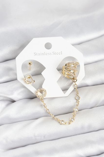 Balancelife MEYEB694f90c8df34f715e40d7e44-BLMY Mey İthalat Uzay Model Pirinç Gold Renk Zincir Bağlantılı Ear Cuff Küpe Seti Çok Renkli