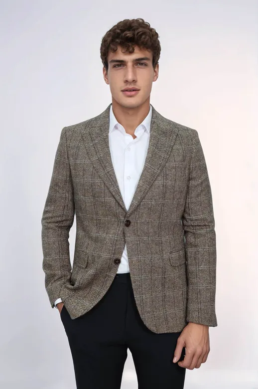 Balıksırtı Desen Slim Fit Yün Kahverengi Erkek Ceket - Wessi