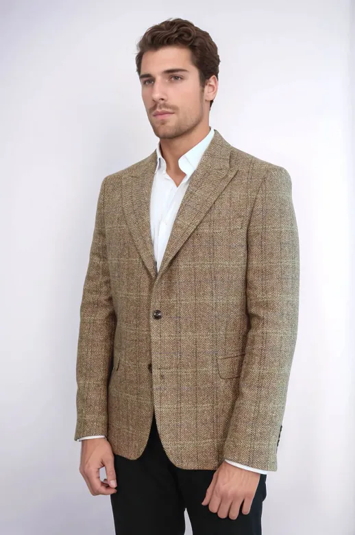 Balıksırtı Desen Slim Fit Yün Taba Erkek Ceket - Wessi
