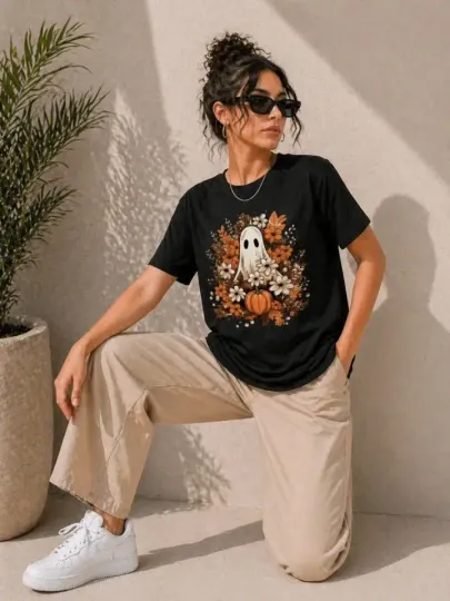 Balkabağı Hayalet Baskılı Tişört Kısa Kol Yazlık T-Shirt - Siyah - L - Siyah