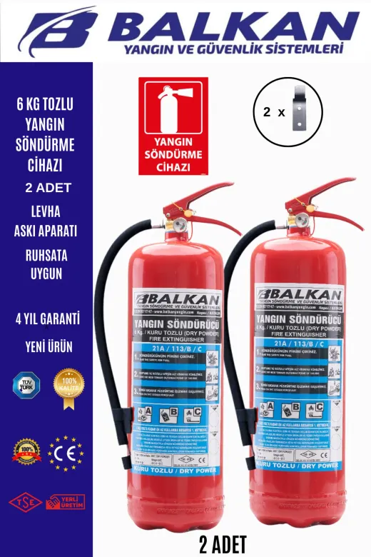 Balkan Ticaret balkan6kgt6 6 Kg Tozlu Yangın Söndürme Cihazı +Levha+Askı Aparatı 2 Adet