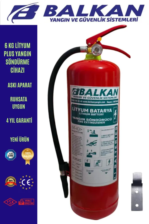 BALKAN YANGIN VE GÜVENLİK SİSTEMLERİ 6KGL2 6 Kg Lityum Plus Elektirikli Araç Yangin Söndürme Cihazi+Aski Aparati Tüvtürk Uyumlu Tse Ce Belgeli (2026-2030)Yeni Ürün