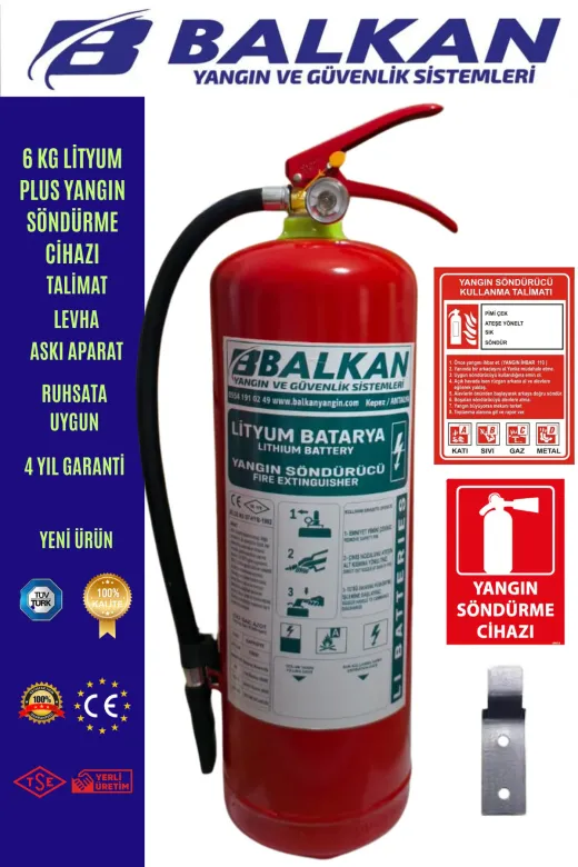 BALKAN YANGIN VE GÜVENLİK SİSTEMLERİ 6KGL5 6 Kg Lityum Plus Elektirikli Araç Yangin Söndürme Cihazi+Talimat+Levha+Aski Aparati Tüvtürk Uyumlu Tse Ce Belgeli (2026-2030)Yeni Ürün