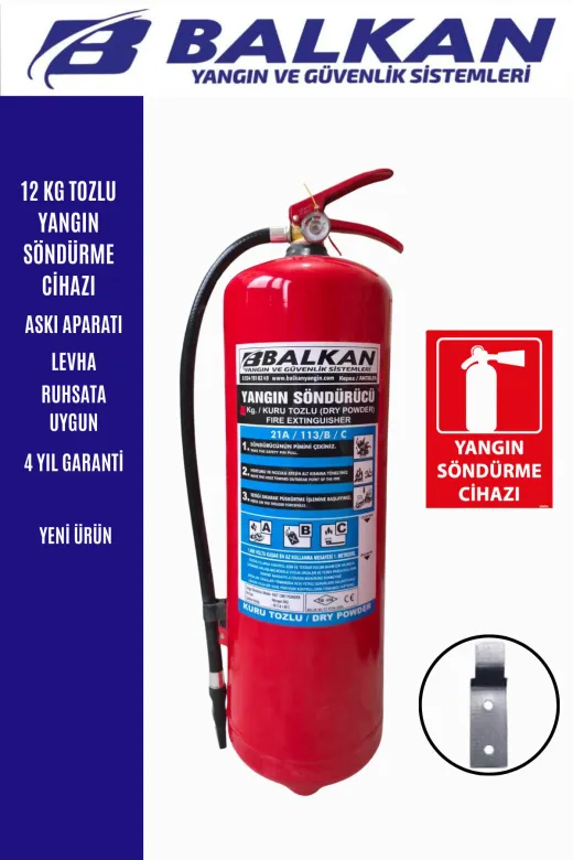 BALKAN YANGIN VE GÜVENLİK SİSTEMLERİ BALKAN12KG3 12 Kg Tozlu Yangin Tüpü Ruhsata Uygun Tse Ce Belgeli (Levha-Aski)
