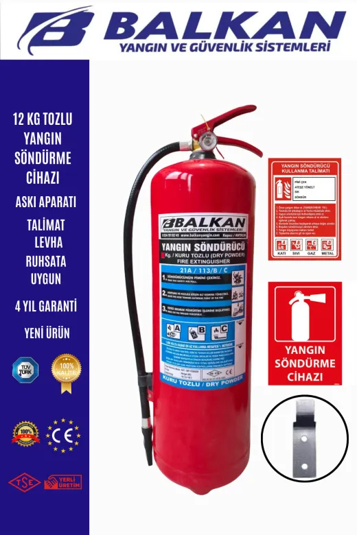 BALKAN YANGIN VE GÜVENLİK SİSTEMLERİ BALKAN12KG5 12 Kg Tozlu Yangin Tüpü Ruhsata Uygun Tse Ce Belgeli 4 Yil Set (Talimat-Levha-Aski)