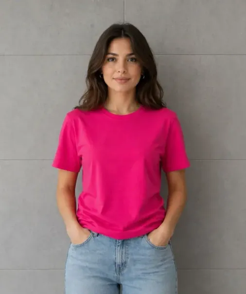 Basic Pamuklu Tişört Bisiklet Yaka Düz Renk Relaxed Fit T-Shirt - Fuşya - XL - Fuşya