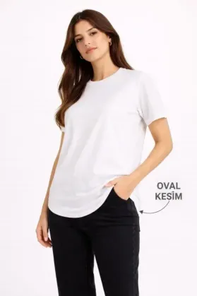 Basic T-Shirt Kısa Kol Bisiklet Yaka Oval Kesim Tişört - Beyaz - L - Beyaz