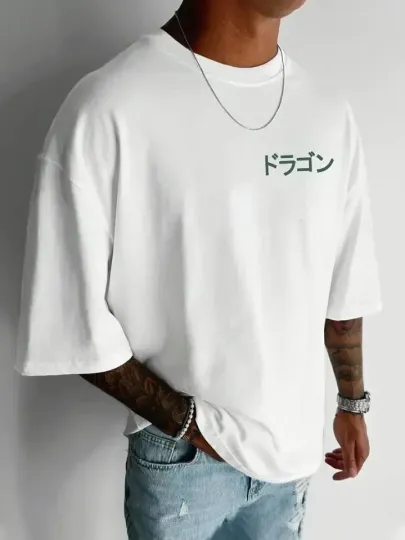 Baskılı Oversize Bisiklet Yaka T-shirt - Beyaz - L - Beyaz
