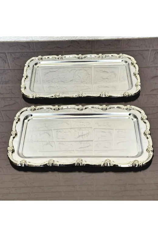 BATONÇELİKTEPSİLER 2'li Full Gümüşsunum Tepsisi & Baton Pasta Servisi Çelik Tepsi Döküm Gold Çerçeve 32 Cm