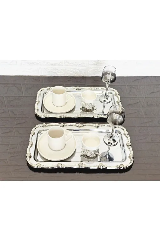 BATONÇELİKTEPSİLER 2'li Full Gümüşsunum Tepsisi & Baton Pasta Servisi Çelik Tepsi Döküm Gold Çerçeve 32 Cm