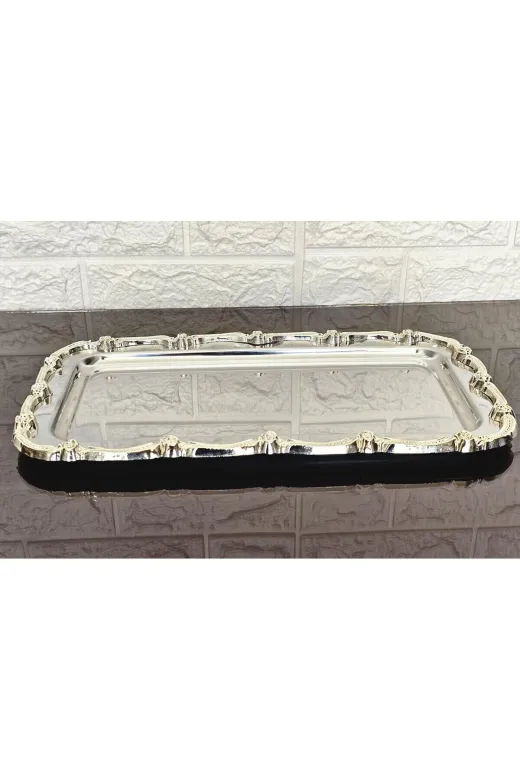 BATONÇELİKTEPSİLER 2'li Full Gümüşsunum Tepsisi & Baton Pasta Servisi Çelik Tepsi Döküm Gold Çerçeve 32 Cm