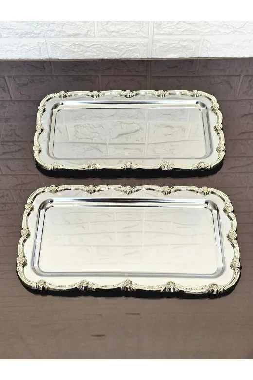 BATONÇELİKTEPSİLER 2'li Full Gümüşsunum Tepsisi & Baton Pasta Servisi Çelik Tepsi Döküm Gold Çerçeve 32 Cm