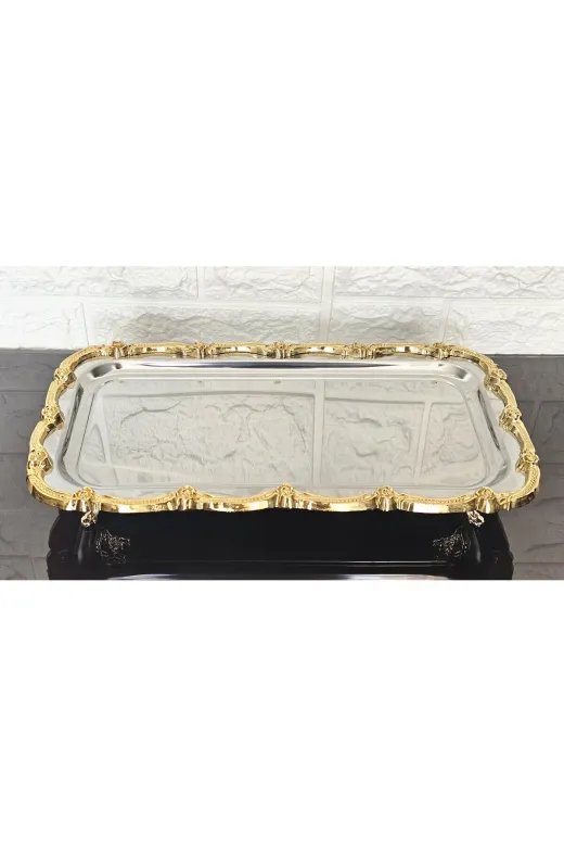 BATONÇELİKTEPSİLER Tekli Ayakli Sunum Tepsisi & Baton Pasta Servisi Çelik Tepsi Döküm Gold Çerçeve 32 Cm