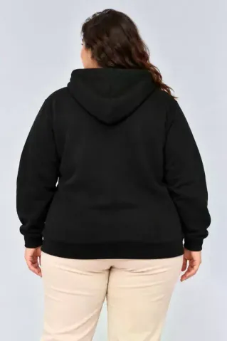 Battal Büyük Beden Üç İplik İçi Şardonlu Kapüşonlu Kanguru Cepli Kışlık Sweatshirt - Siyah - 4XL - Siyah
