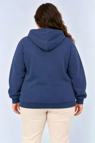 Battal Büyük Beden Üç İplik İçi Şardonlu Kapüşonlu Kanguru Cepli Kışlık Sweatshirt - Lacivert - 2XL - Lacivert