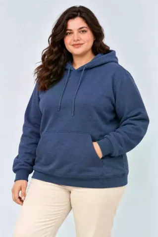 Battal Büyük Beden Üç İplik İçi Şardonlu Kapüşonlu Kanguru Cepli Kışlık Sweatshirt - Lacivert - 2XL - Lacivert