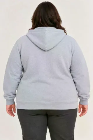 Battal Büyük Beden Üç İplik İçi Şardonlu Kapüşonlu Tam Fermuarlı Kışlık Sweatshirt - Gri - 3XL - Gri