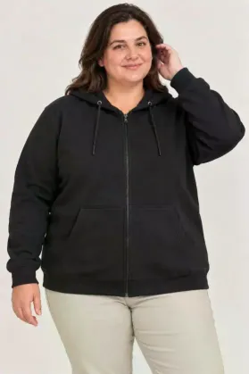 Battal Büyük Beden Üç İplik İçi Şardonlu Kapüşonlu Tam Fermuarlı Kışlık Sweatshirt - Siyah - 6XL - Siyah