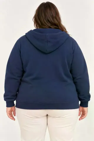 Battal Büyük Beden Üç İplik İçi Şardonlu Kapüşonlu Tam Fermuarlı Kışlık Sweatshirt - Lacivert - 3XL - Lacivert