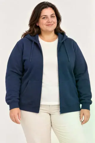 Battal Büyük Beden Üç İplik İçi Şardonlu Kapüşonlu Tam Fermuarlı Kışlık Sweatshirt - Lacivert - 6XL - Lacivert