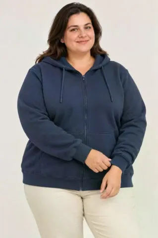 Battal Büyük Beden Üç İplik İçi Şardonlu Kapüşonlu Tam Fermuarlı Kışlık Sweatshirt - Lacivert - 2XL - Lacivert