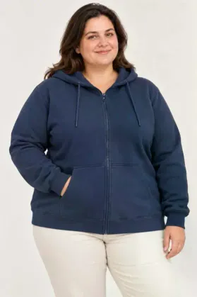 Battal Büyük Beden Üç İplik İçi Şardonlu Kapüşonlu Tam Fermuarlı Kışlık Sweatshirt - Lacivert - 5XL - Lacivert