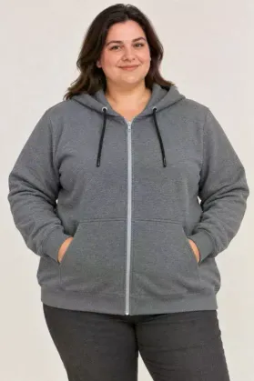 Battal Büyük Beden Üç İplik İçi Şardonlu Kapüşonlu Tam Fermuarlı Kışlık Sweatshirt - Füme - 5XL - Füme