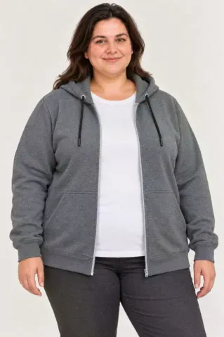 Battal Büyük Beden Üç İplik İçi Şardonlu Kapüşonlu Tam Fermuarlı Kışlık Sweatshirt - Füme - 5XL - Füme