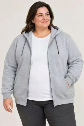 Battal Büyük Beden Üç İplik İçi Şardonlu Kapüşonlu Tam Fermuarlı Kışlık Sweatshirt - Gri - 2XL - Gri