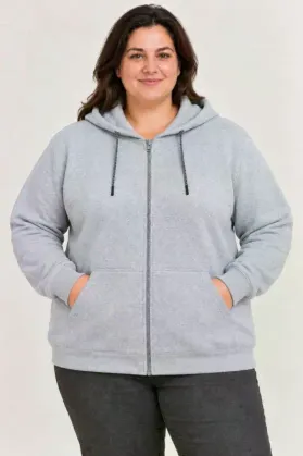Battal Büyük Beden Üç İplik İçi Şardonlu Kapüşonlu Tam Fermuarlı Kışlık Sweatshirt - Gri - 5XL - Gri