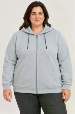Battal Büyük Beden Üç İplik İçi Şardonlu Kapüşonlu Tam Fermuarlı Kışlık Sweatshirt - Gri - 5XL - Gri