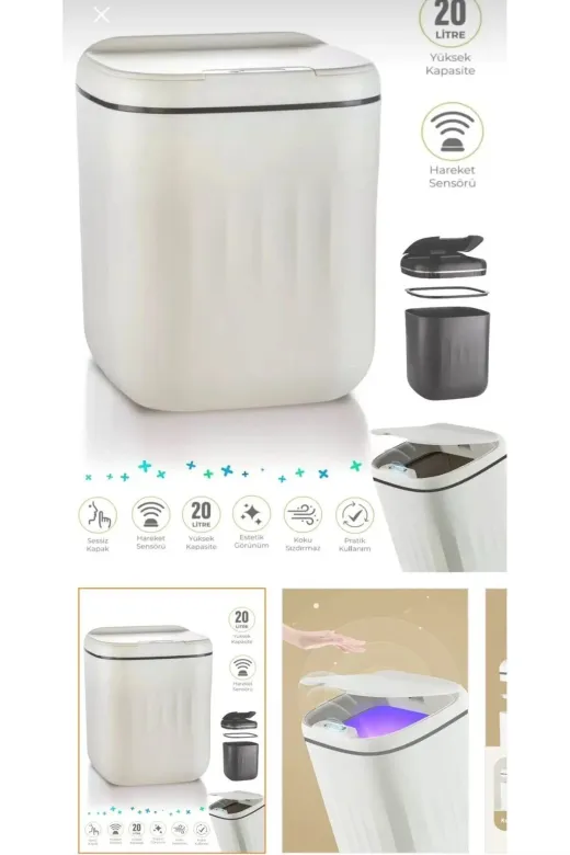 BAYSA BYS-ÇÖP12 Sensörlü Çöp Kovası Mutfak Banyo Ofis 20L Uv Işık Antibakteriyel Koku Geçirmez Ergon Tasarımlı